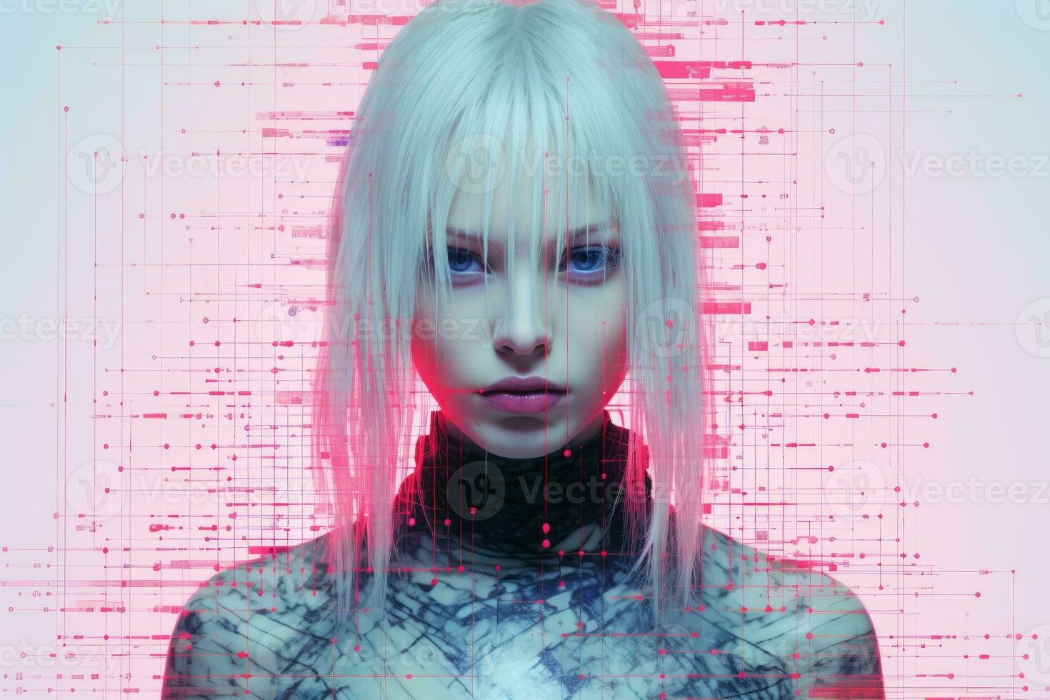 a woman with white hair and blue eyes is standing in front of a computer screen generative ai photo