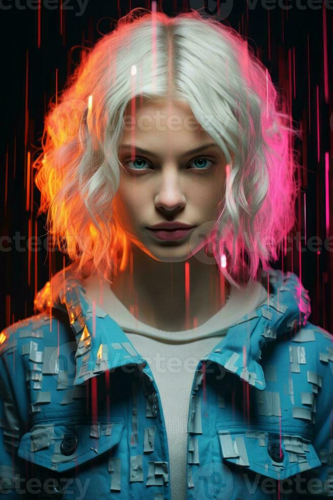 a woman with white hair and blue jacket standing in front of neon lights generative ai photo