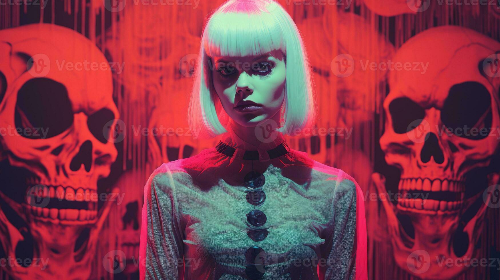 a woman with white hair standing in front of skulls generative ai photo