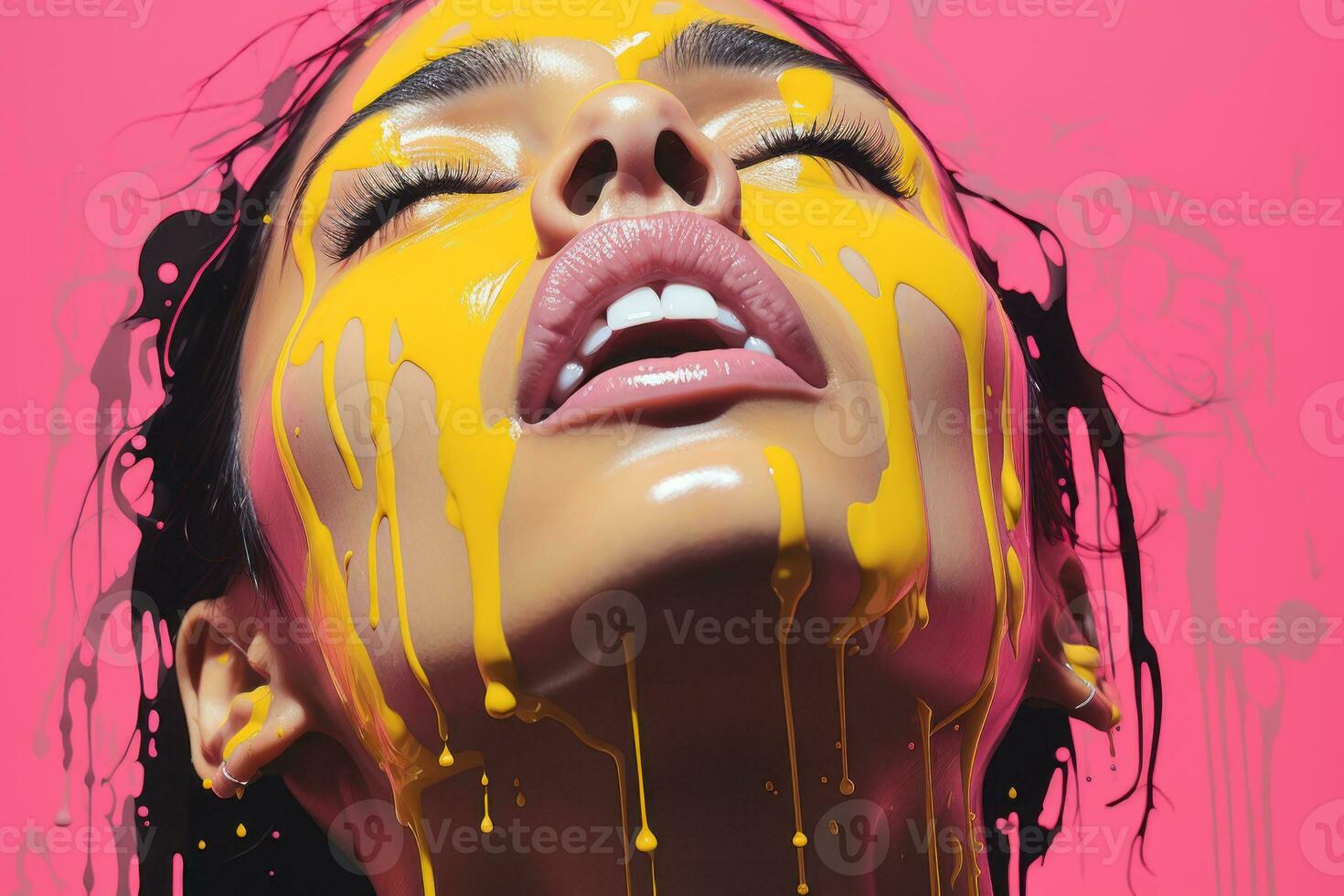 a woman with yellow paint dripping down her face generative ai photo