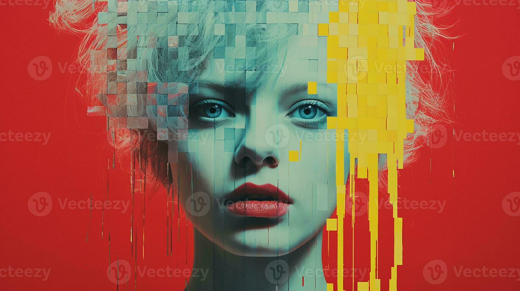 a womans face is made up of pixelated squares on a red background generative ai photo