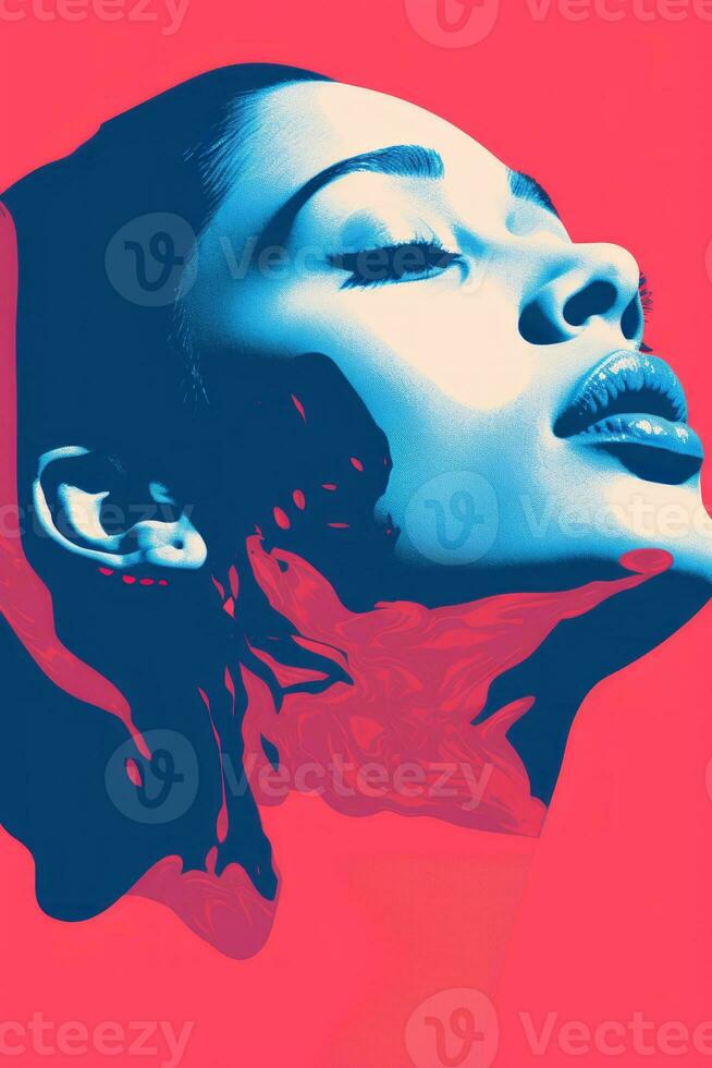 a womans face is shown in a blue and pink background generative ai photo