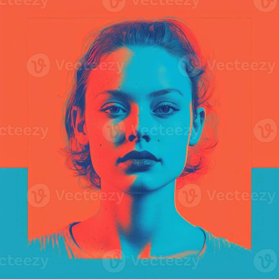 a womans face is shown in an orange and blue background generative ai photo