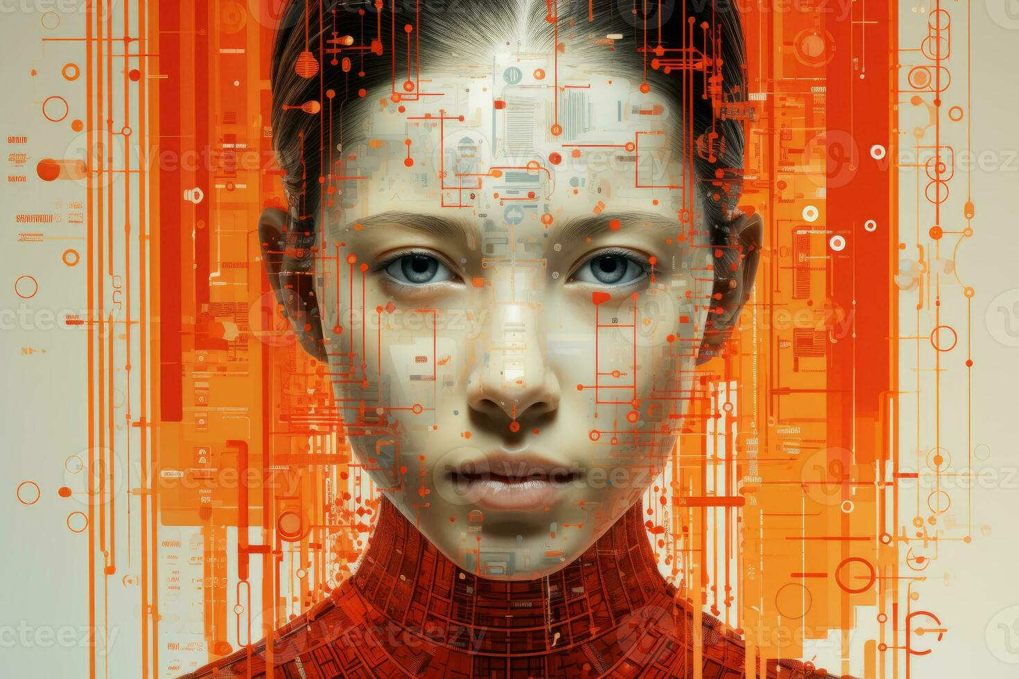 a womans face is shown in an orange and red background generative ai photo