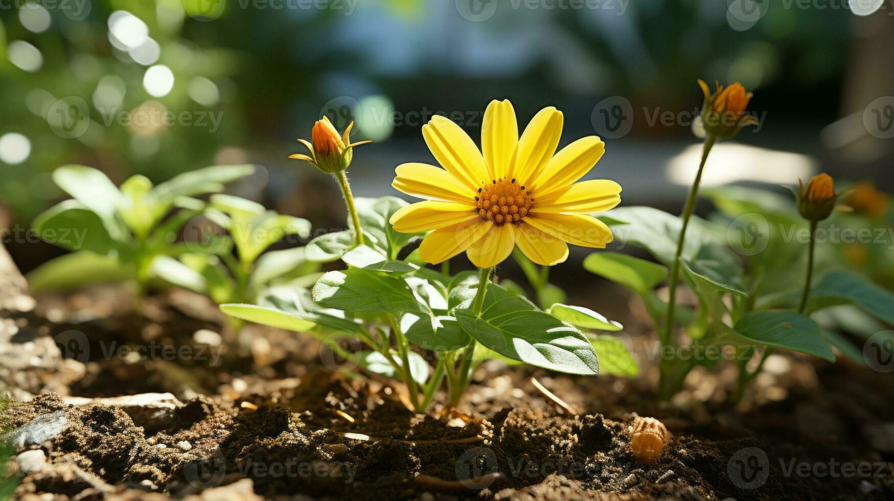 a yellow flower is growing in the dirt generative ai photo