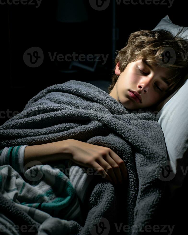a young boy is sleeping in a bed generative ai photo