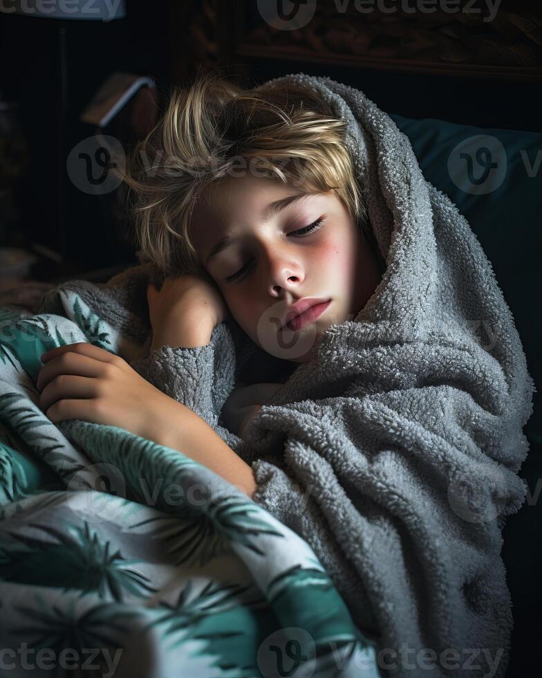 a young boy is sleeping under a blanket generative ai 32110656 Stock
