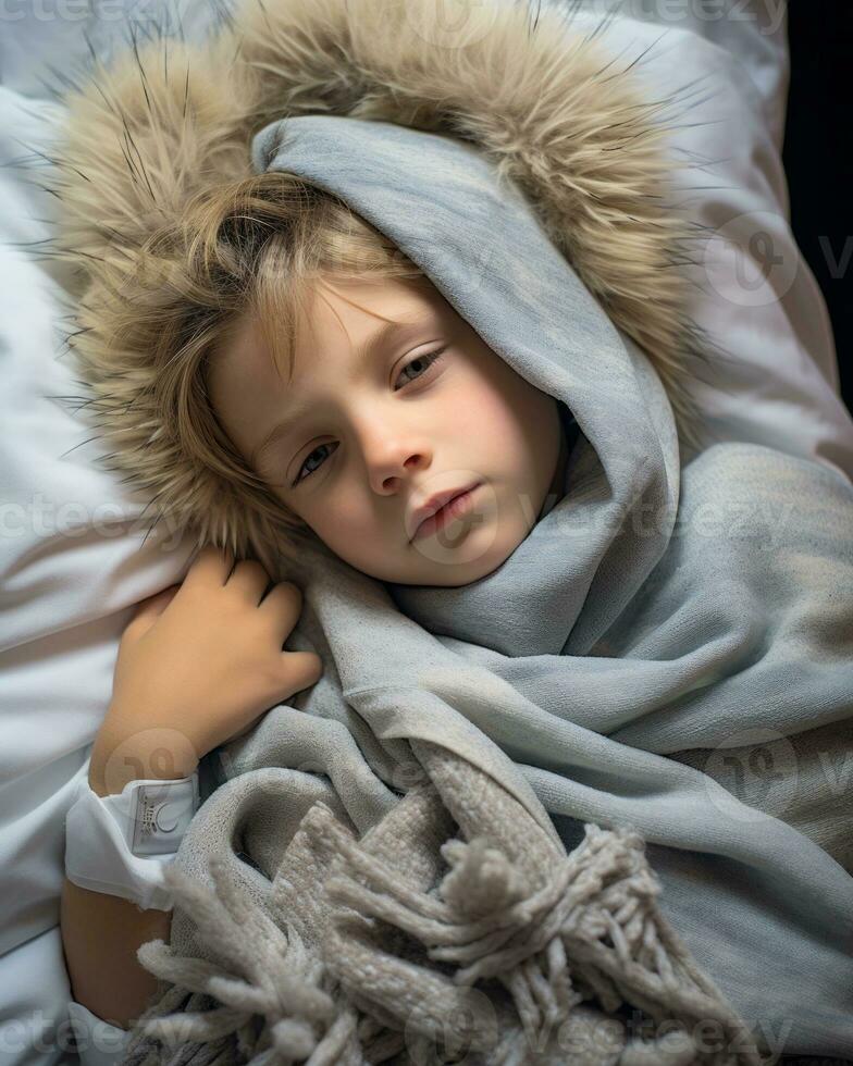 a young child laying in a bed with a blanket generative ai photo