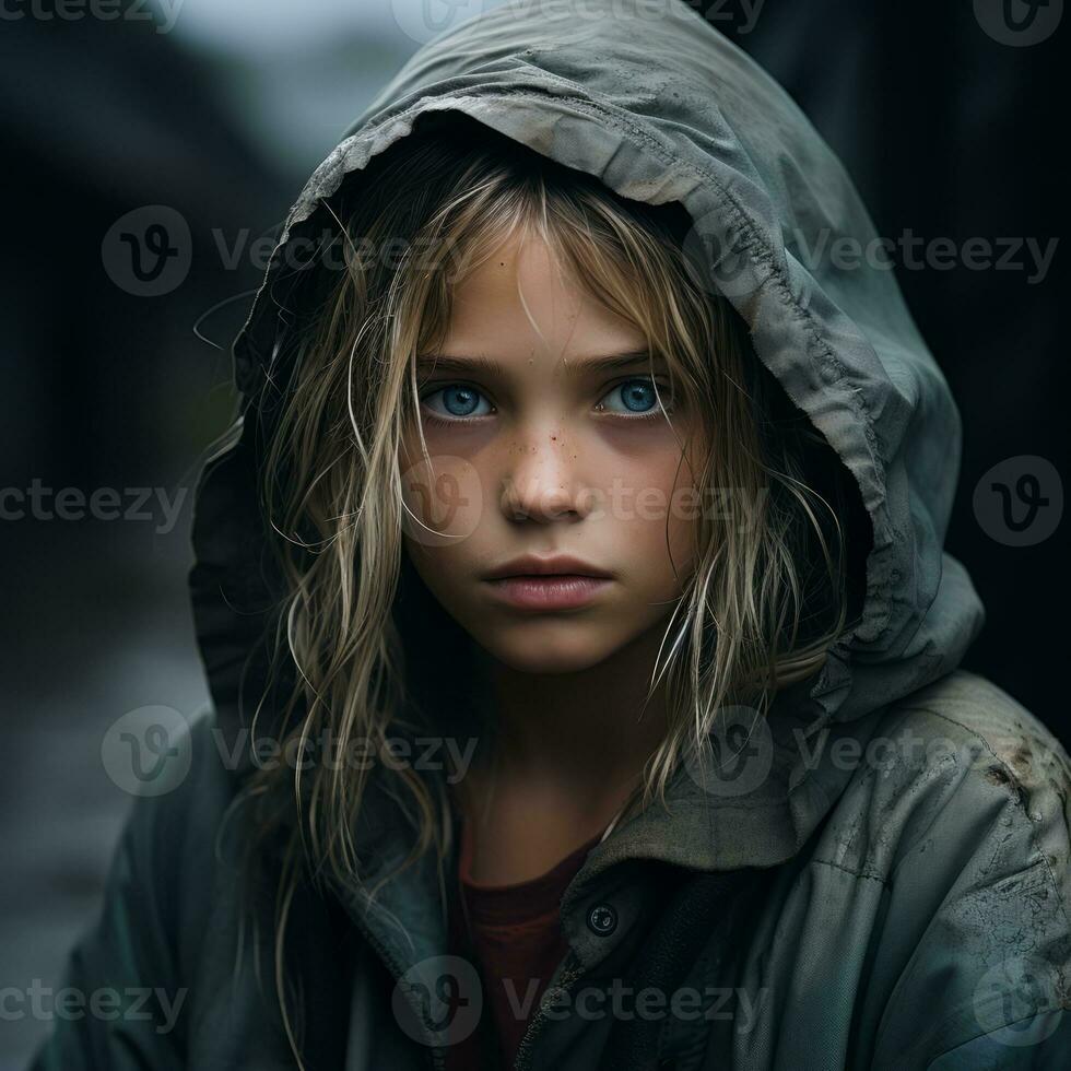 a young girl in a hooded jacket looking at the camera generative ai photo