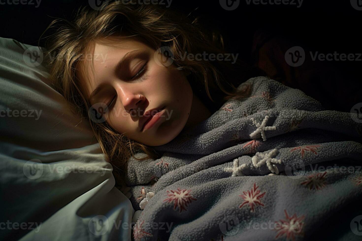a young girl is sleeping in a bed generative ai photo