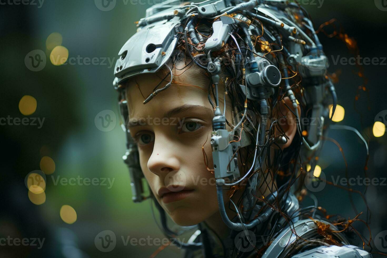 a young girl wearing a helmet with wires on her head generative ai photo