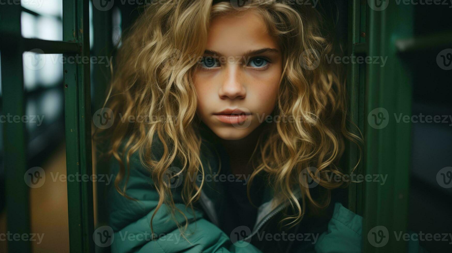 a young girl with long curly hair sitting in a jail cell generative ai photo
