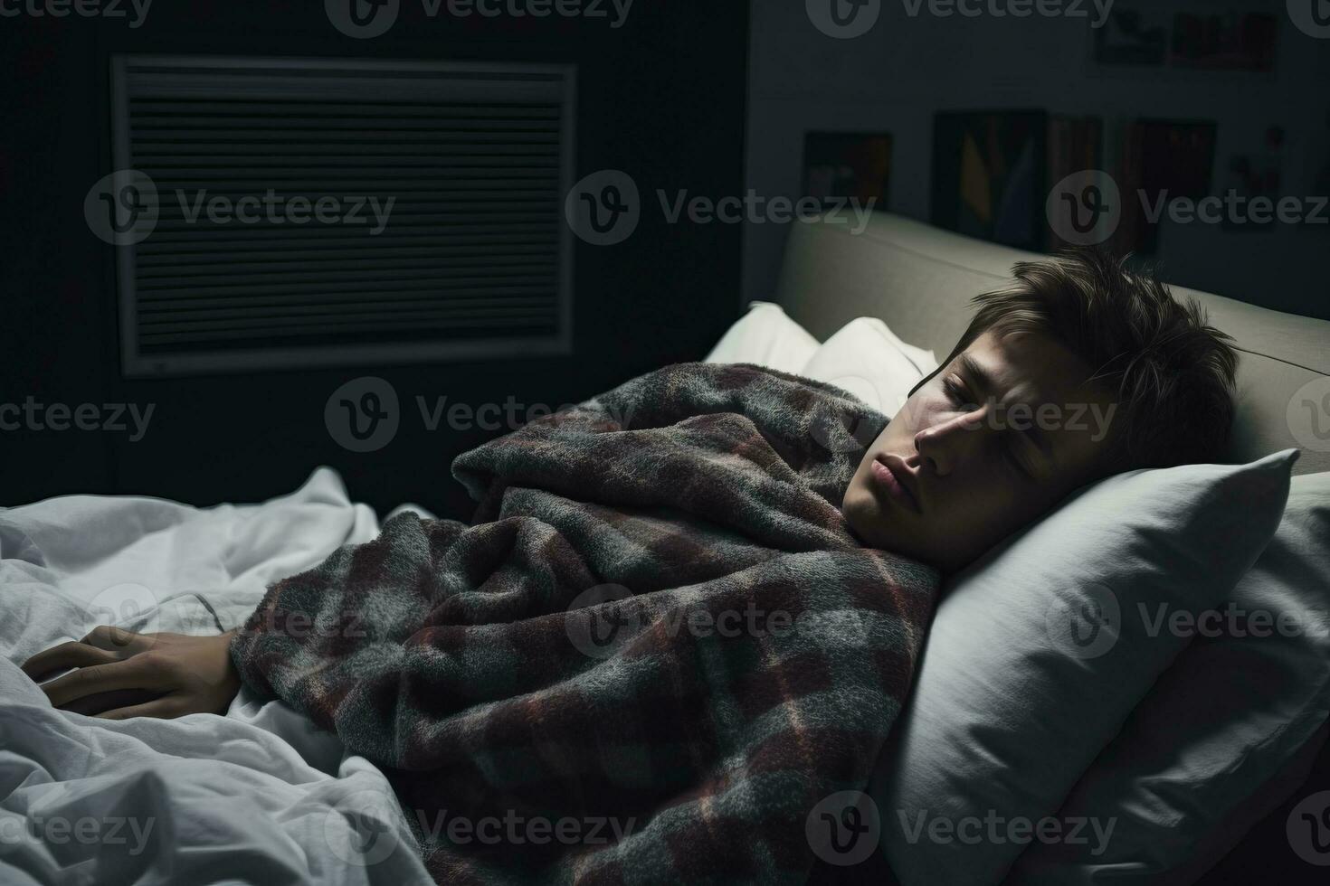 a young man is sleeping in bed at night generative ai photo