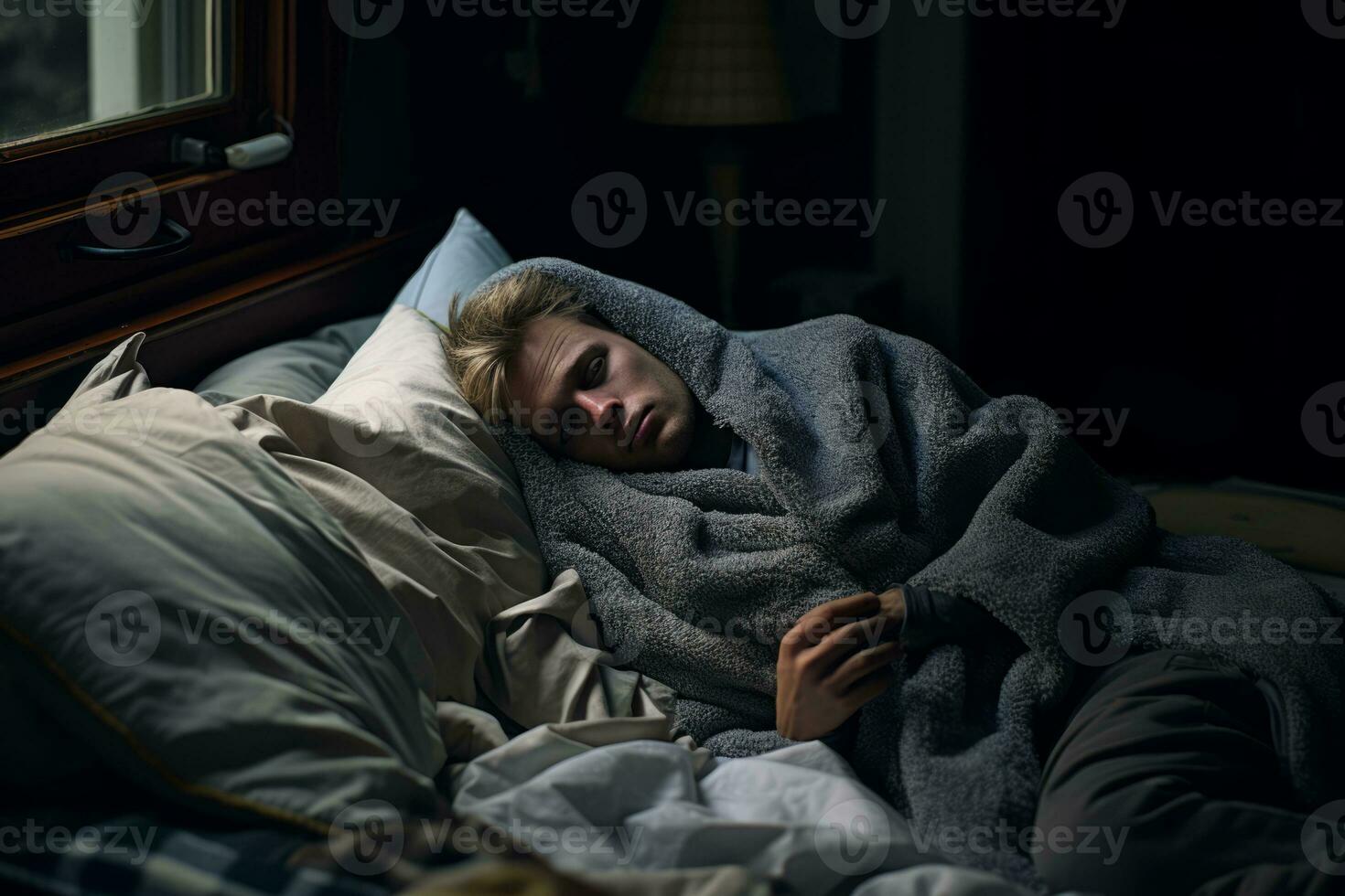 a young man is wrapped in a blanket on a bed generative ai photo