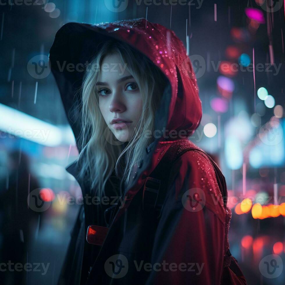 a young woman in a rain jacket standing in the middle of the street generative ai photo