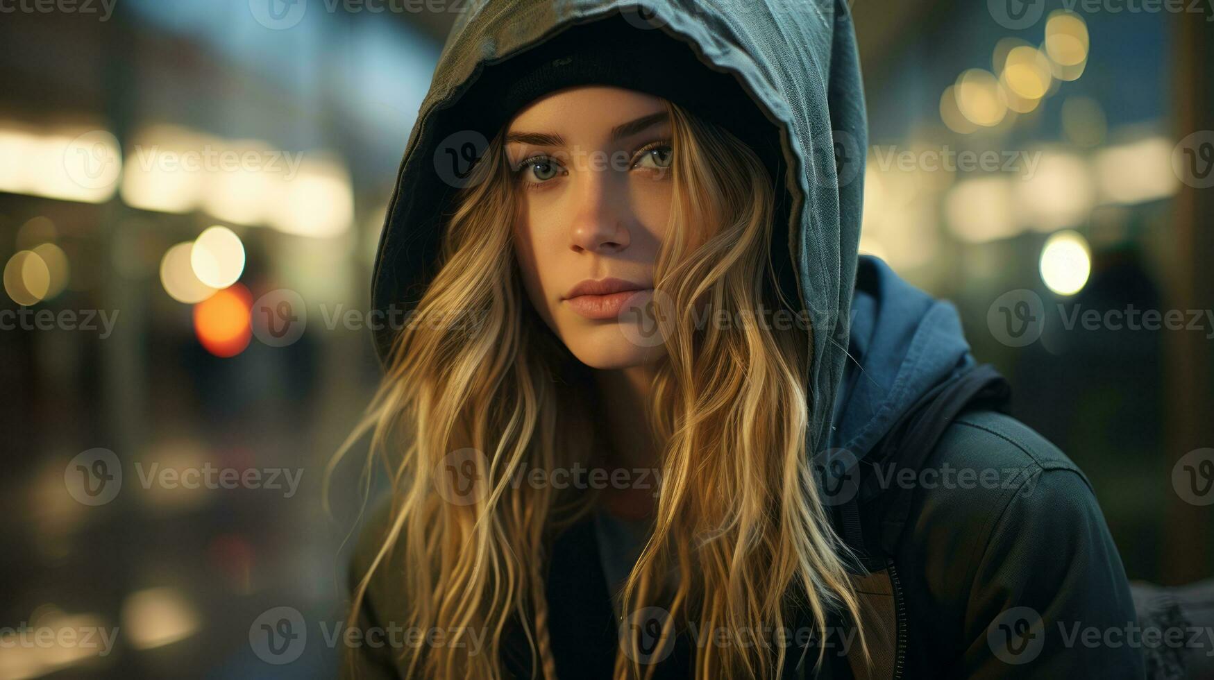 a young woman in a hoodie looking away from the camera generative ai photo
