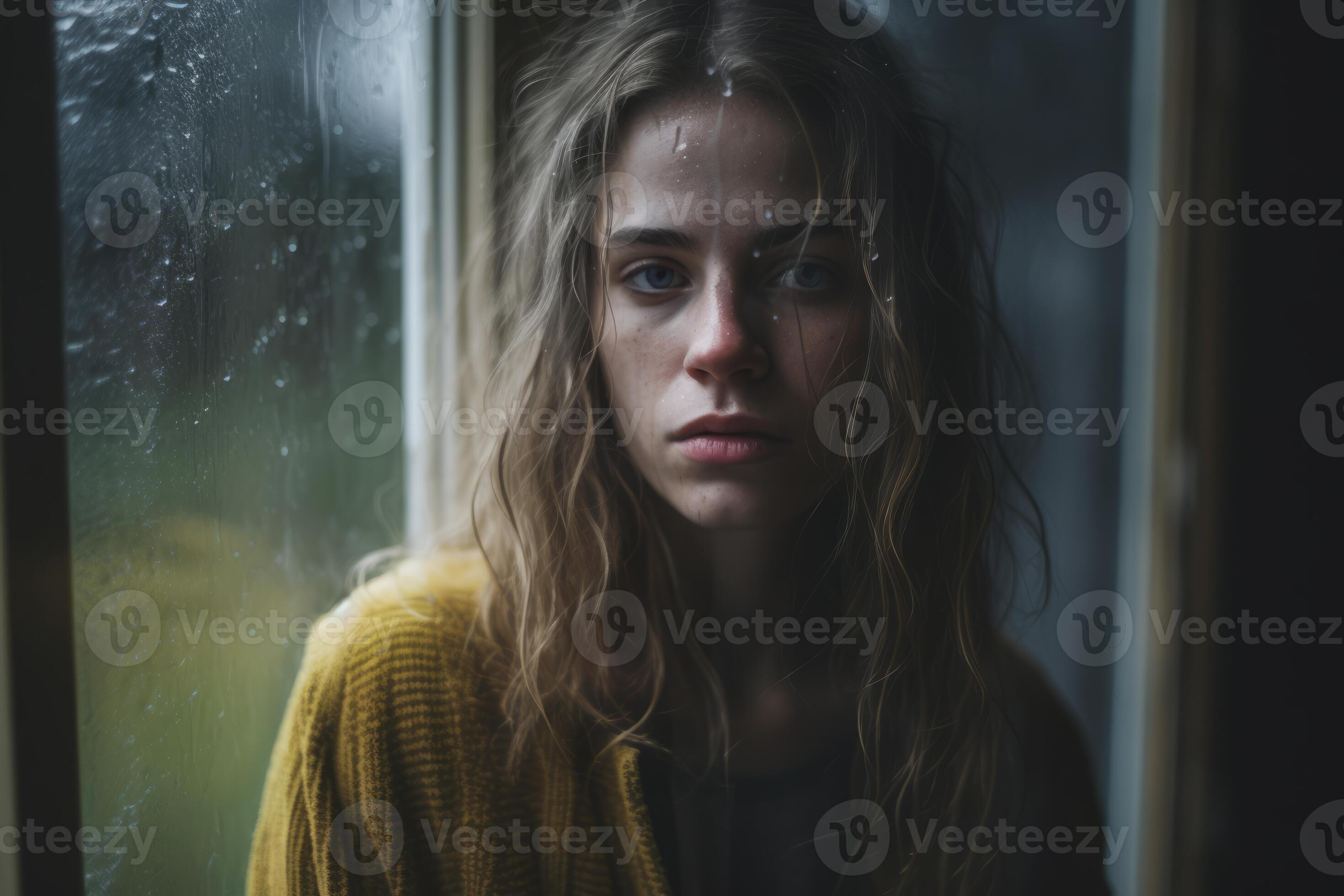 a young woman is looking out a window in the rain generative ai