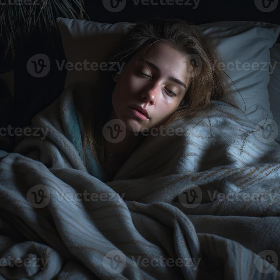 a young woman is sleeping under a blanket in a dark room generative ai