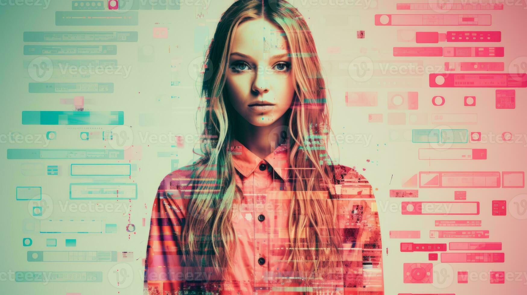 a young woman is standing in front of a computer screen generative ai photo