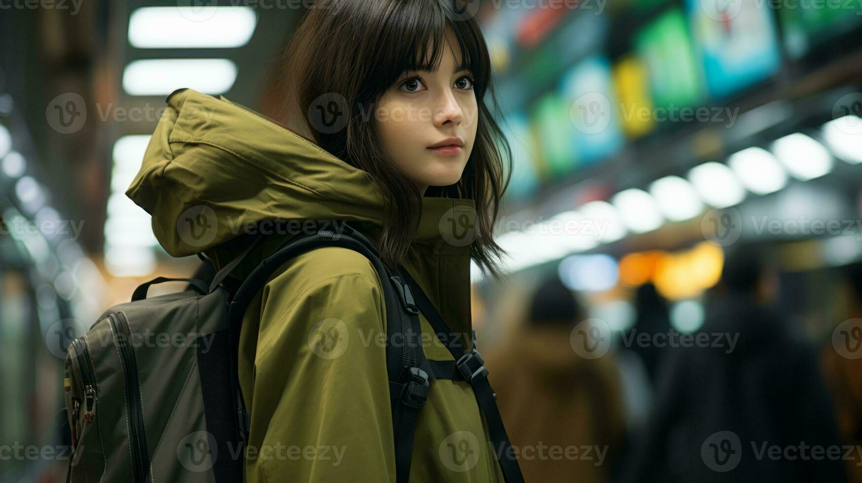 a young woman with a backpack standing in a subway station generative ai photo