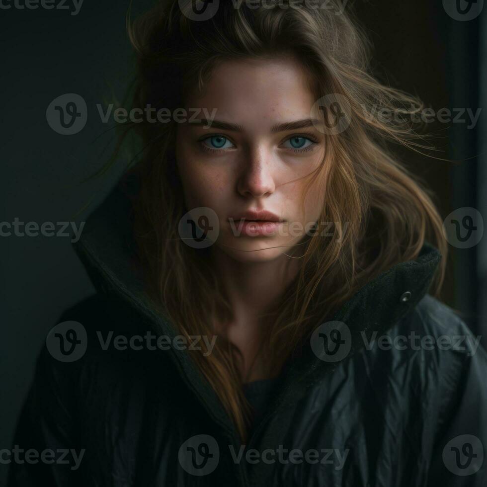 a young woman with blue eyes in a black jacket generative ai photo
