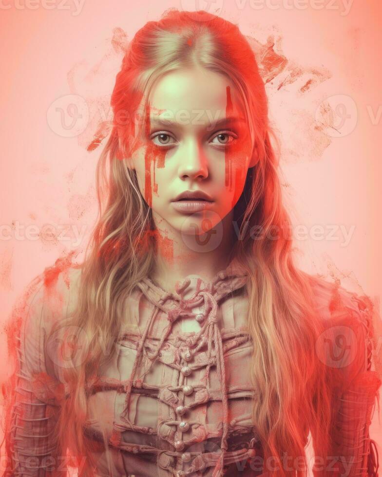 a young woman with blood on her face generative ai photo