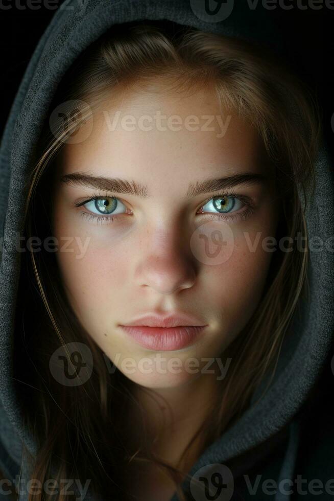 a young woman with blue eyes in a hoodie generative ai photo