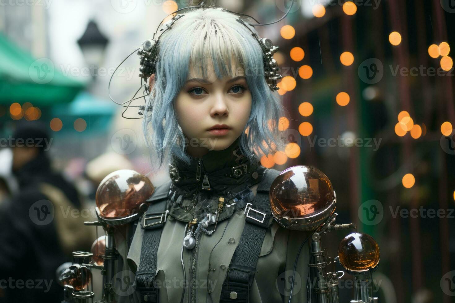 a young woman with blue hair in a city generative ai photo
