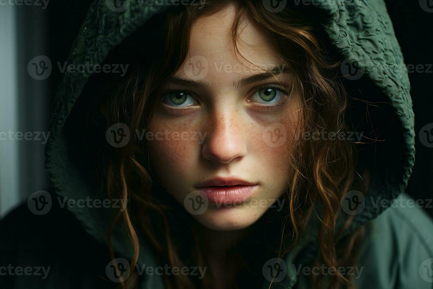 a young woman with green eyes and a green hoodie generative ai photo