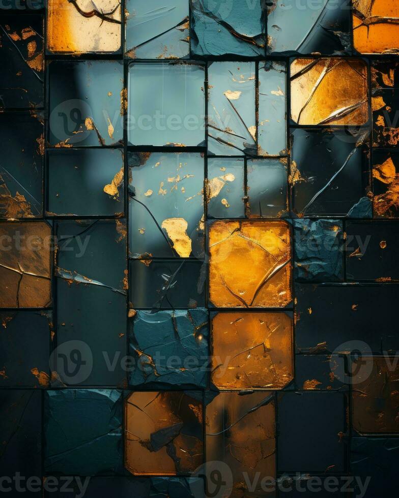 an abstract image of a broken glass wall with orange and blue squares generative ai photo