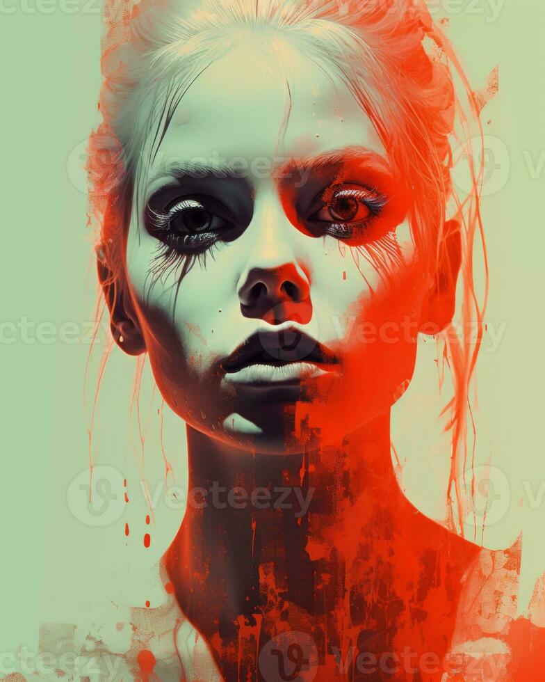 an artistic portrait of a woman with blood on her face generative ai photo