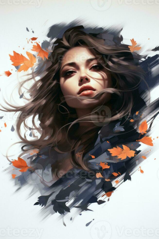 an artistic painting of a woman with long hair and leaves generative ai photo