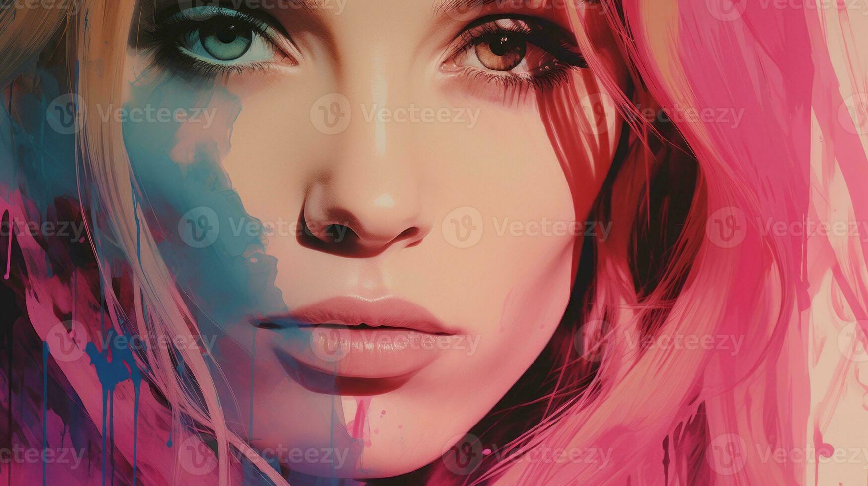 an artistic portrait of a woman with pink and blue paint on her face generative ai photo