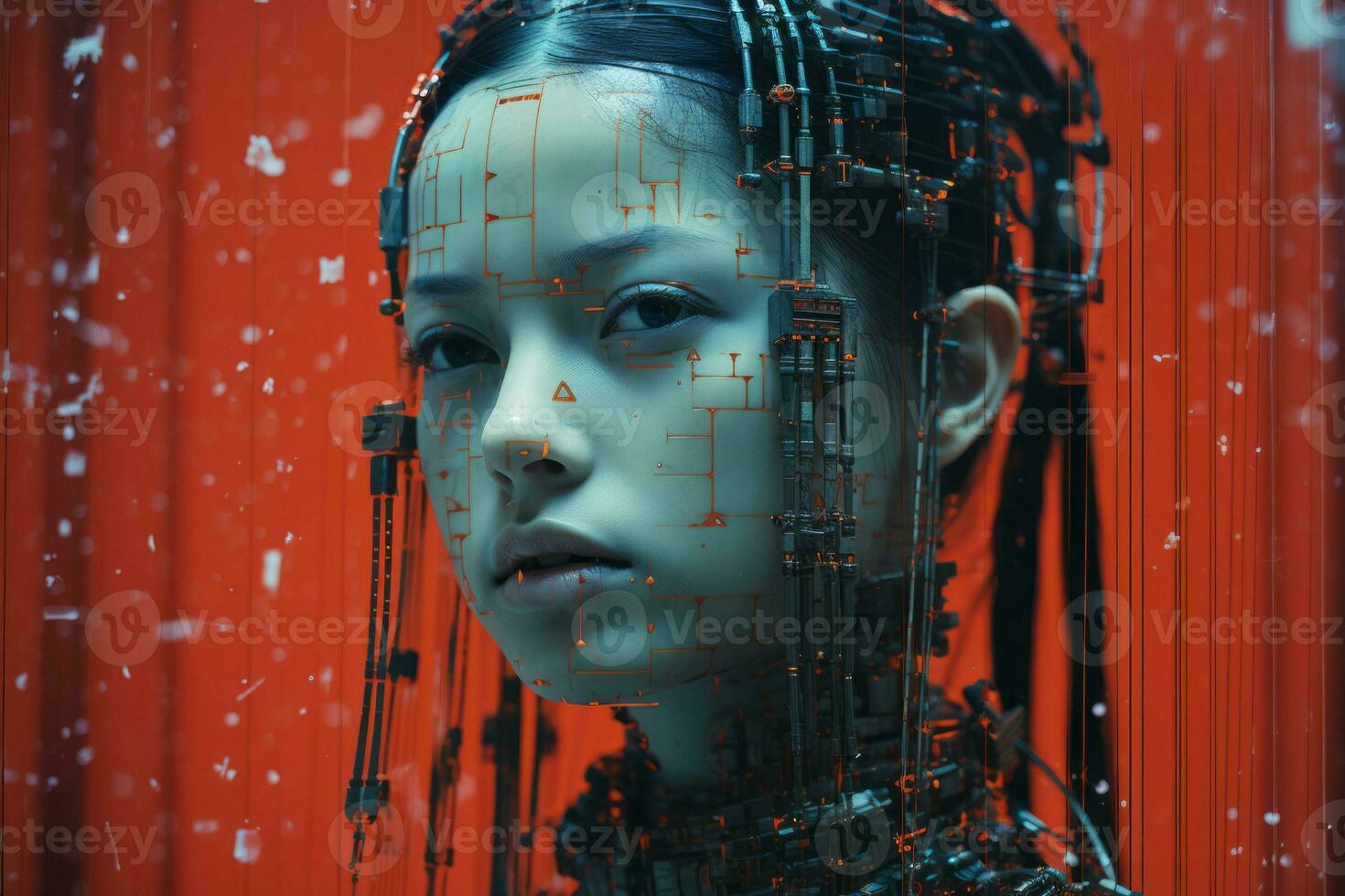 an asian woman with wires on her head in front of a red background generative ai photo