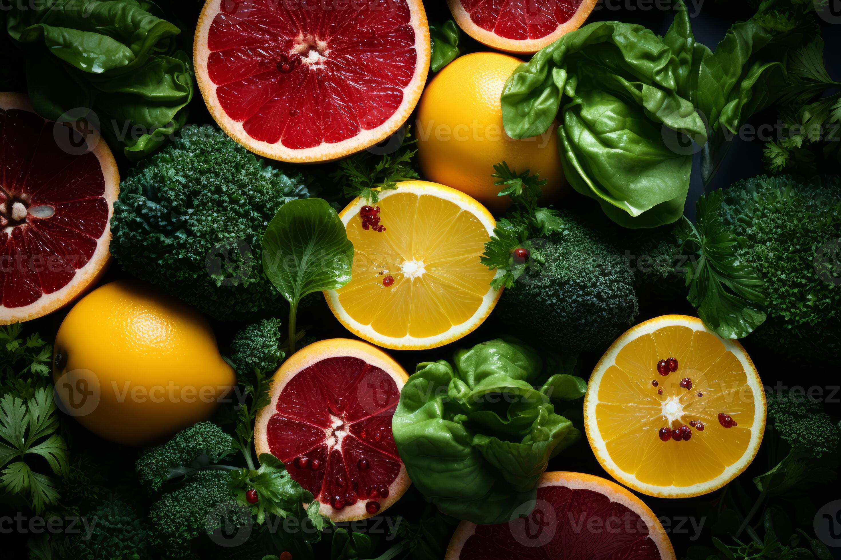 an assortment of citrus fruits and vegetables are arranged on top of