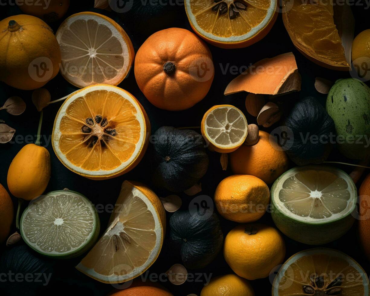 an assortment of oranges and lemons on a black background generative ai photo