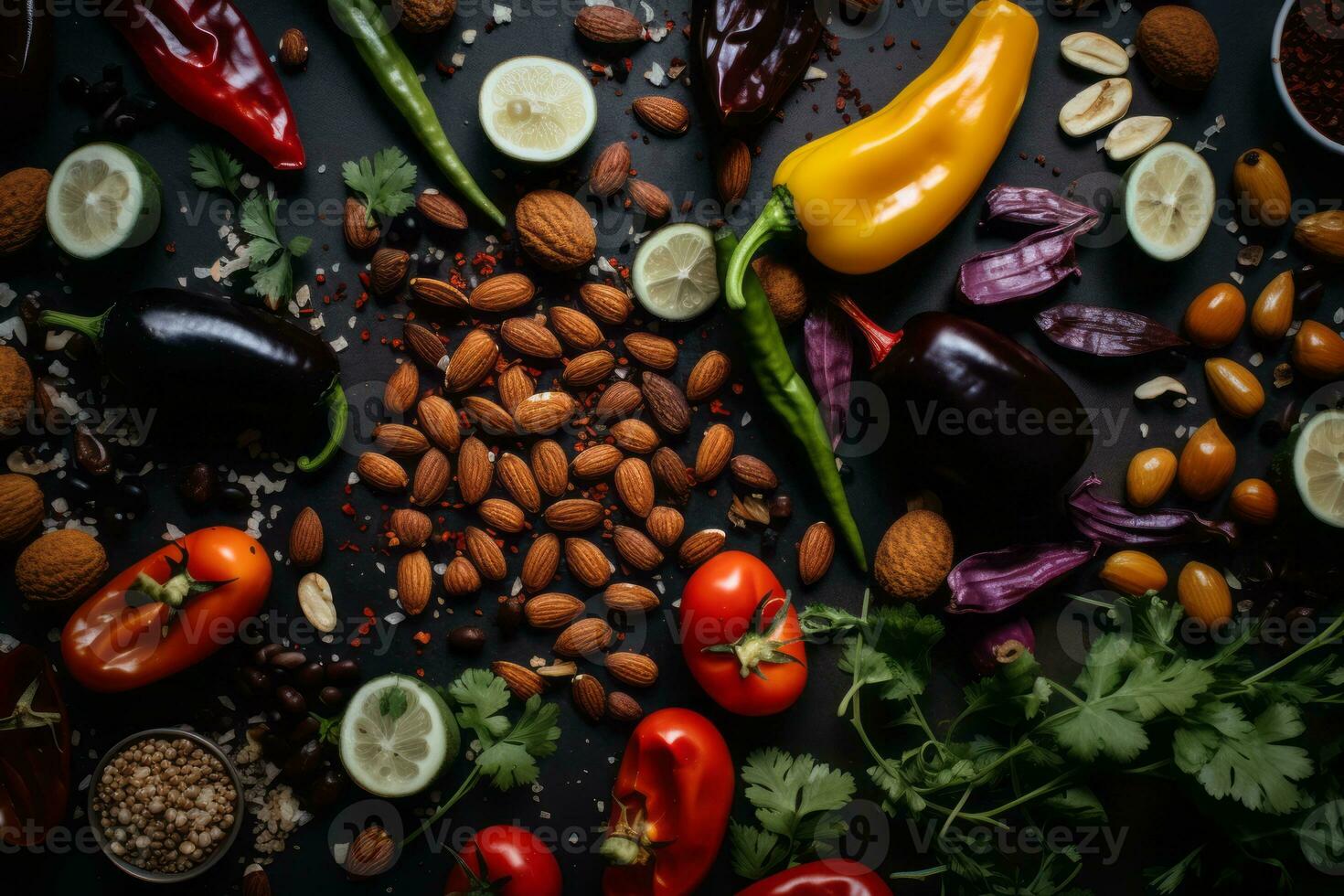 an assortment of vegetables and nuts on a black background generative ai photo