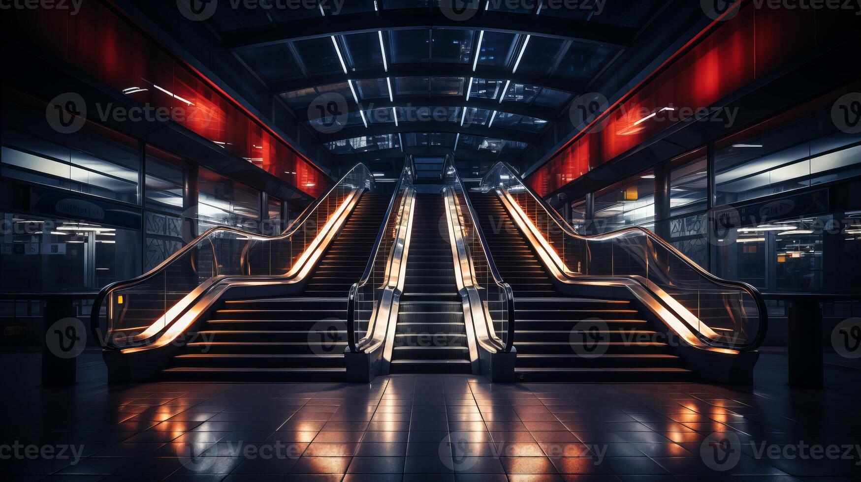 an escalator at night with red lights generative ai 32111798 Stock