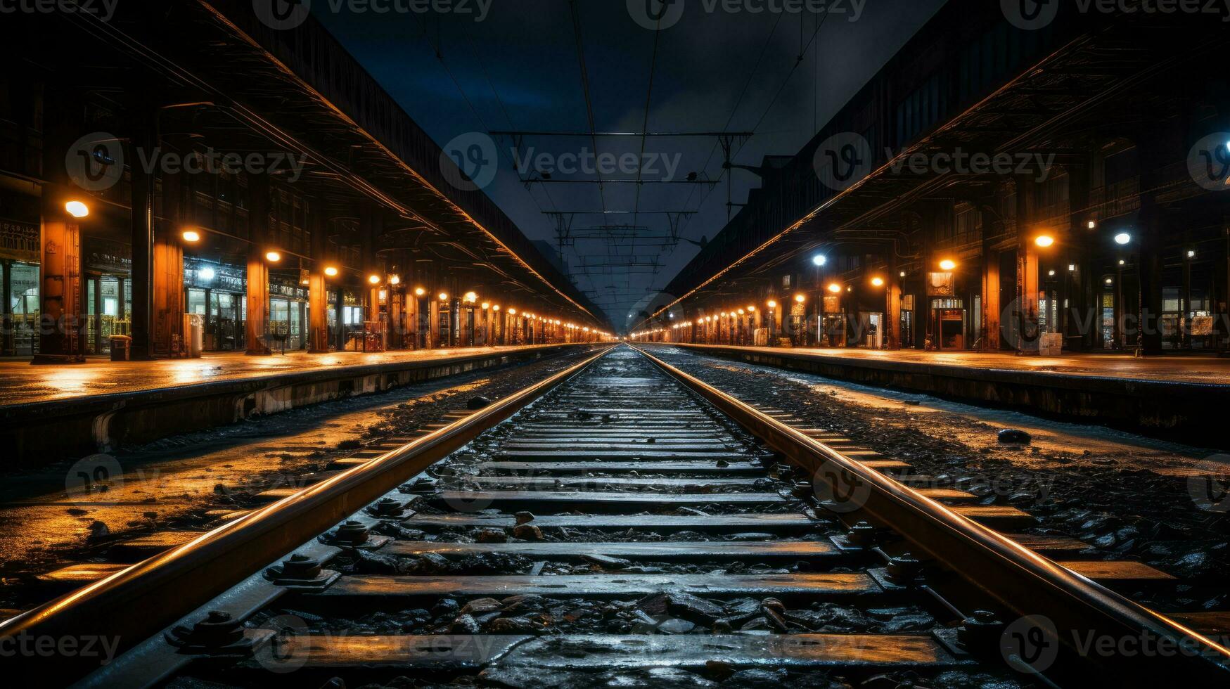 an empty train station at night with lights on the tracks generative ai photo