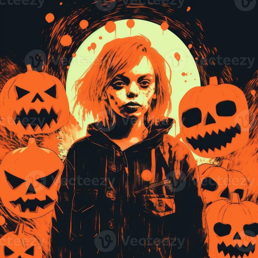 an illustration of a girl surrounded by pumpkins generative ai photo