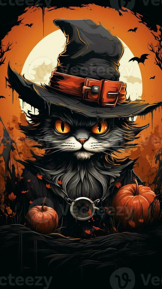 an illustration of a cat wearing a witch hat and holding pumpkins generative ai photo