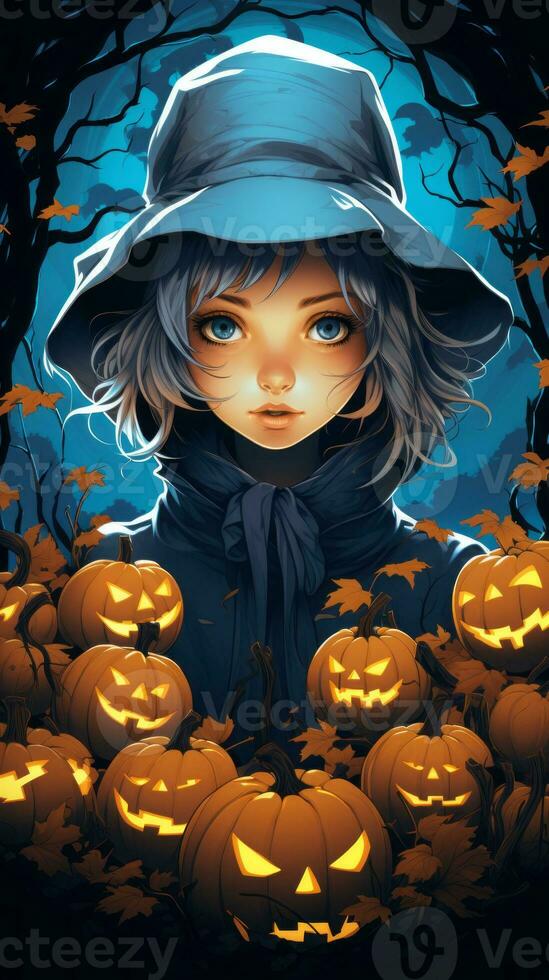 an illustration of a girl in a hat surrounded by pumpkins generative ai photo