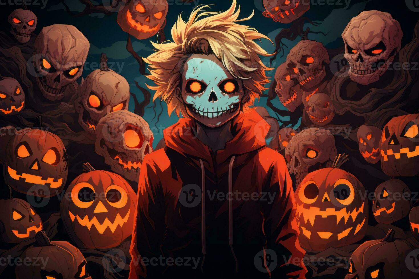 an illustration of a boy surrounded by pumpkins and skulls generative ai photo