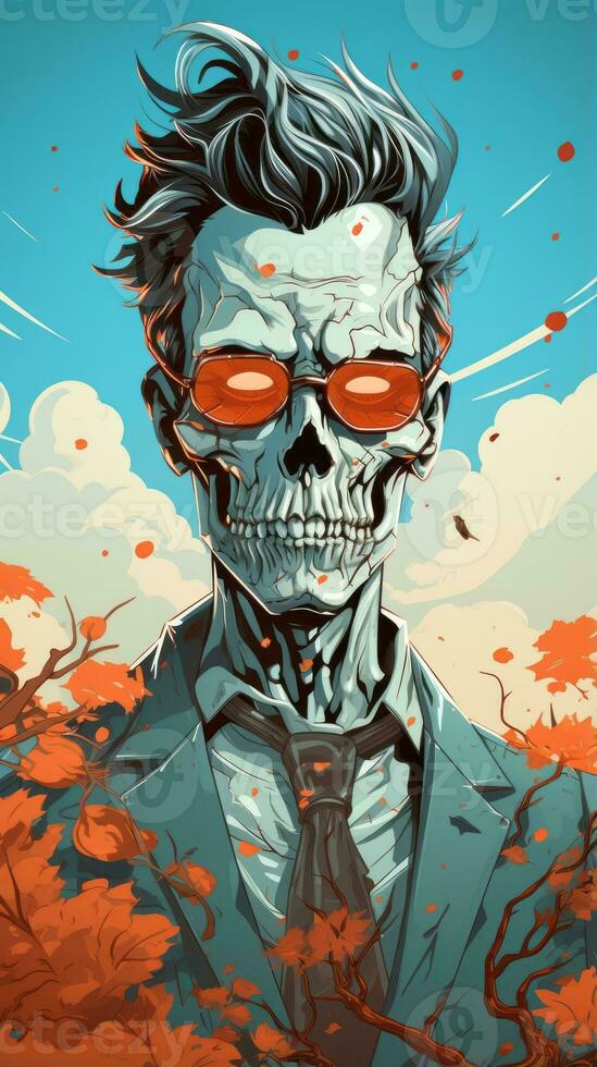 an illustration of a skeleton wearing sunglasses and a suit generative ai photo