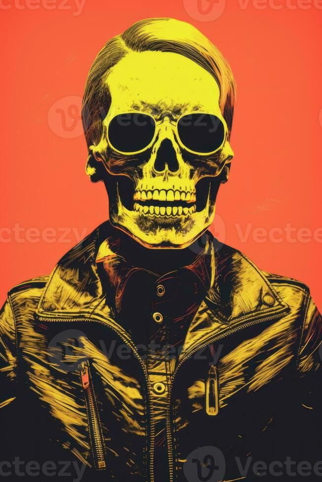an illustration of a skull wearing a leather jacket on an orange background generative ai photo