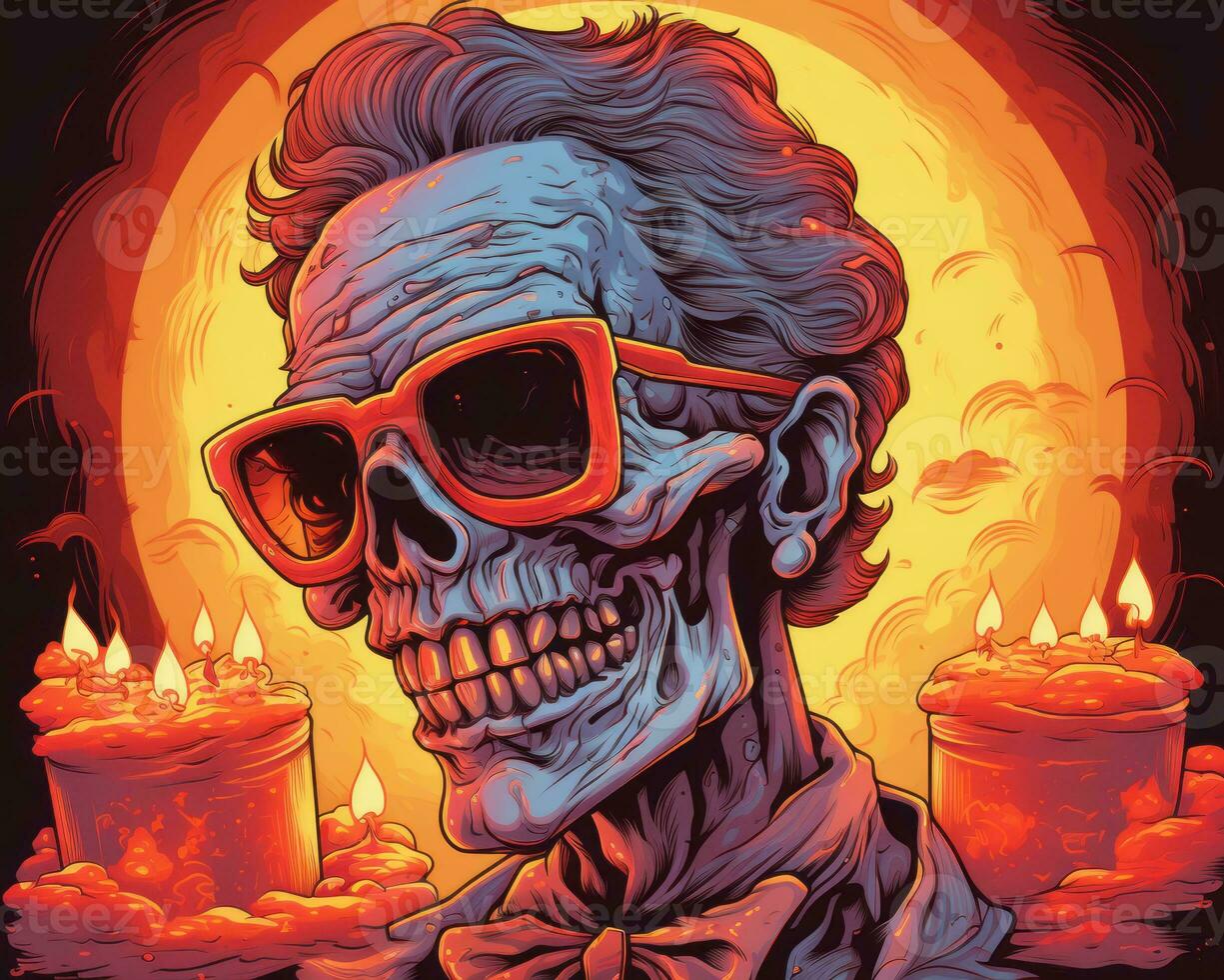 an illustration of a skeleton wearing sunglasses and holding candles generative ai photo