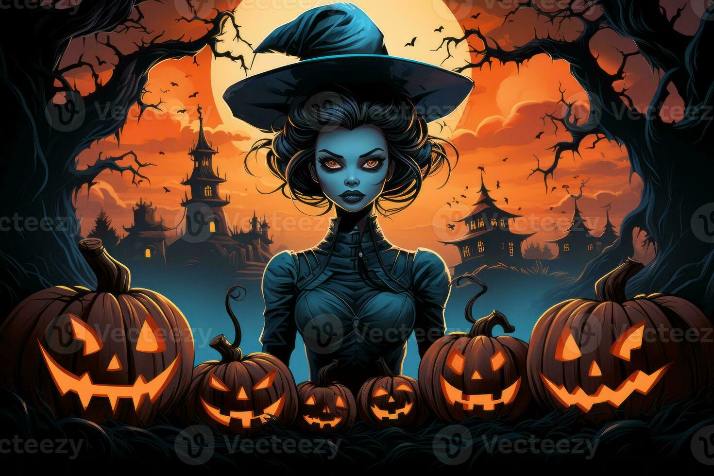 an illustration of a witch with pumpkins in front of a full moon generative ai photo