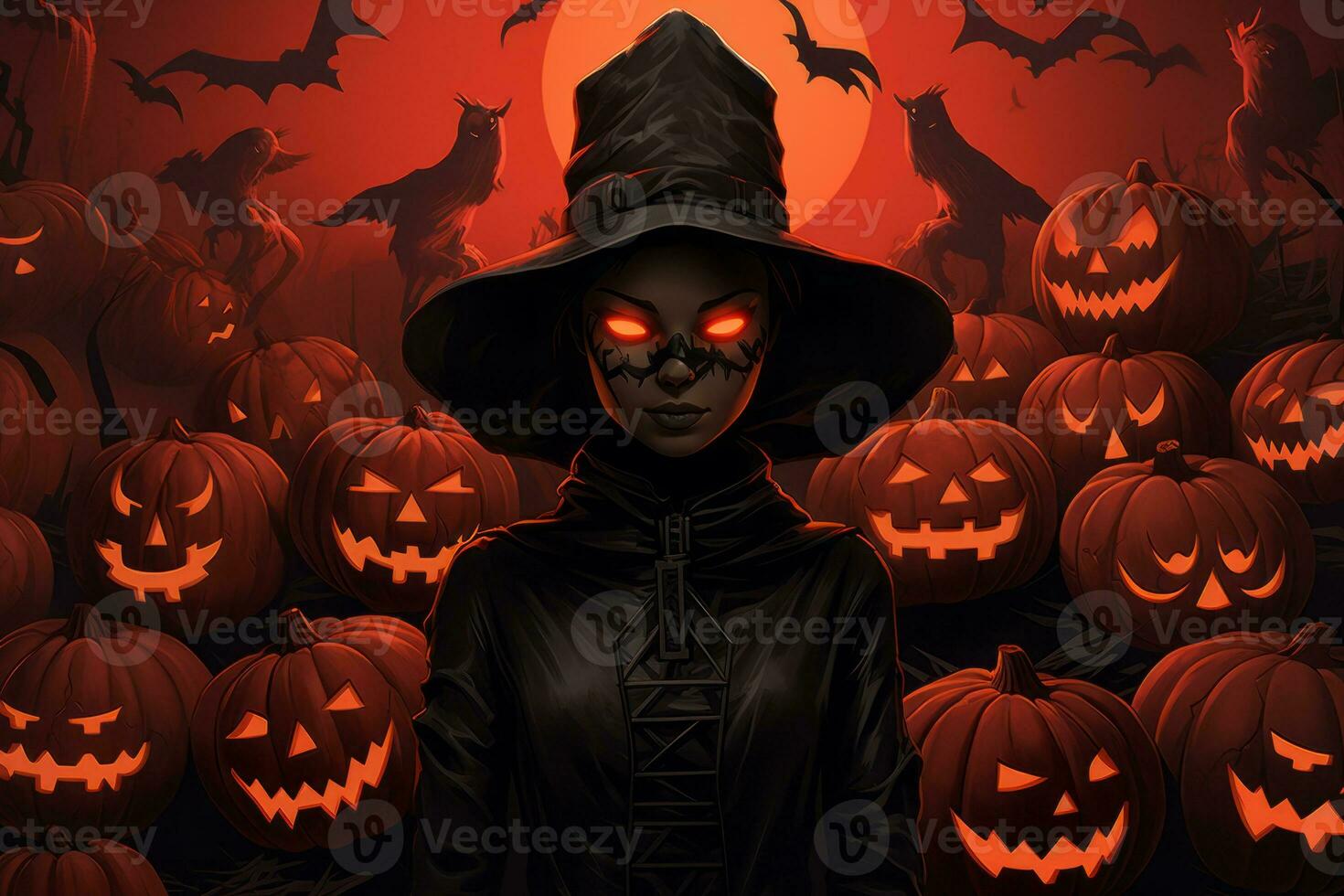 an illustration of a witch surrounded by pumpkins generative ai photo