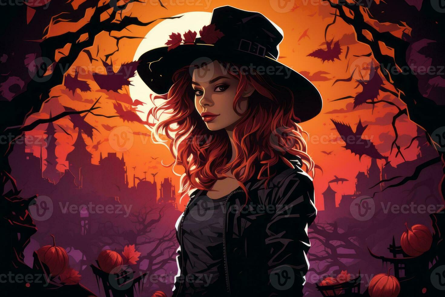 an illustration of a woman in a witch hat standing in front of a full moon generative ai photo