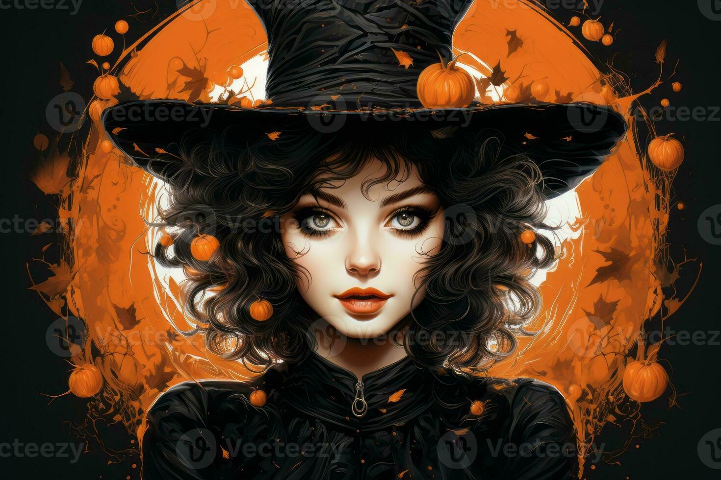 an illustration of a woman in a witch hat with pumpkins on her face generative ai photo